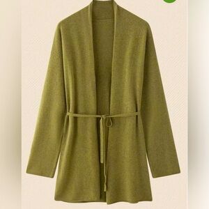 Ahkeke London Open Front Olive Green Cashmere Cardigan Sweater with tie belt, S